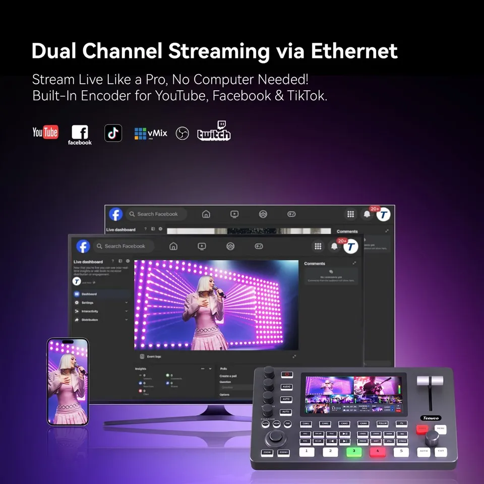 Tenveo 4K HDMI Video Mixer Switcher 5.5 Inch FHD LCD Screen 4-Channel HDMI Live Streaming Switcher factory